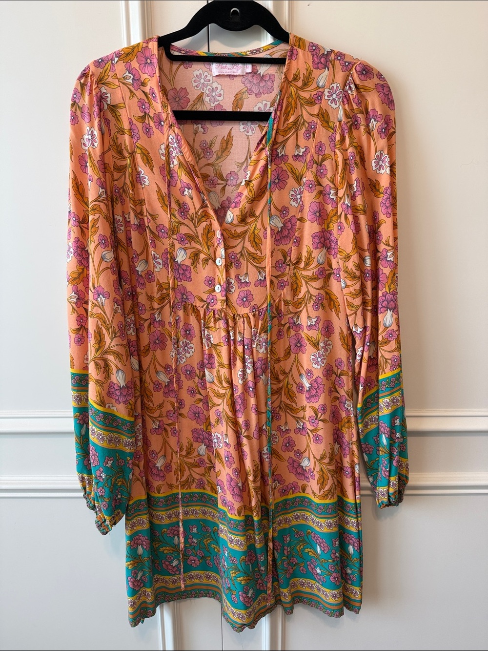 Pink Lily Peach Floral Midi Dress with Teal Border